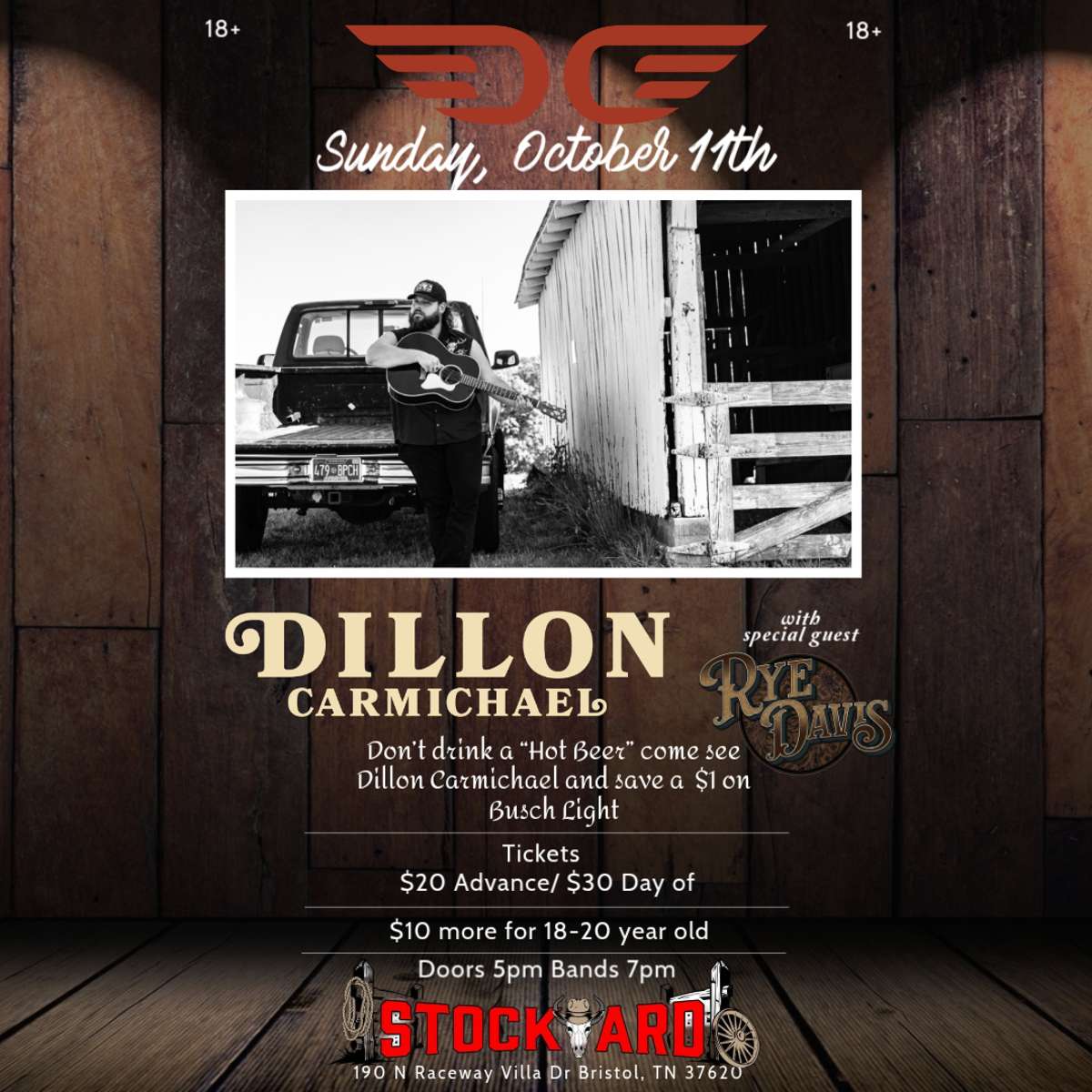 Dillon Carmichael w/ special guest Rye Davis live at Stockyard